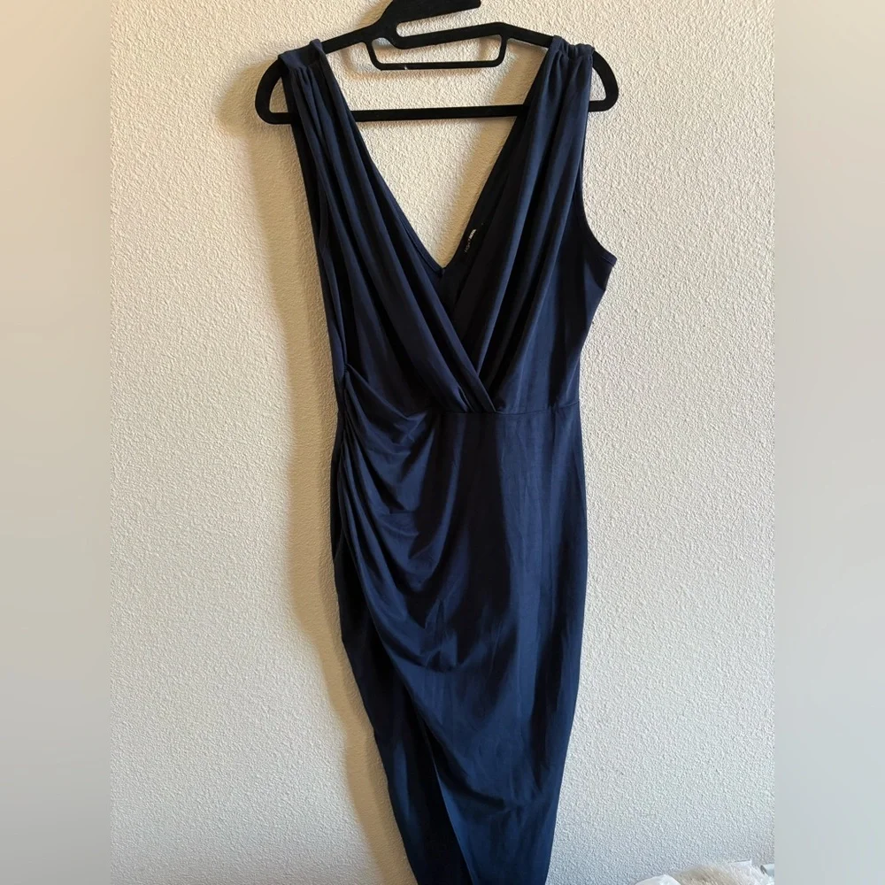 Navy Sleeveless Wrap-Front Dress with slit